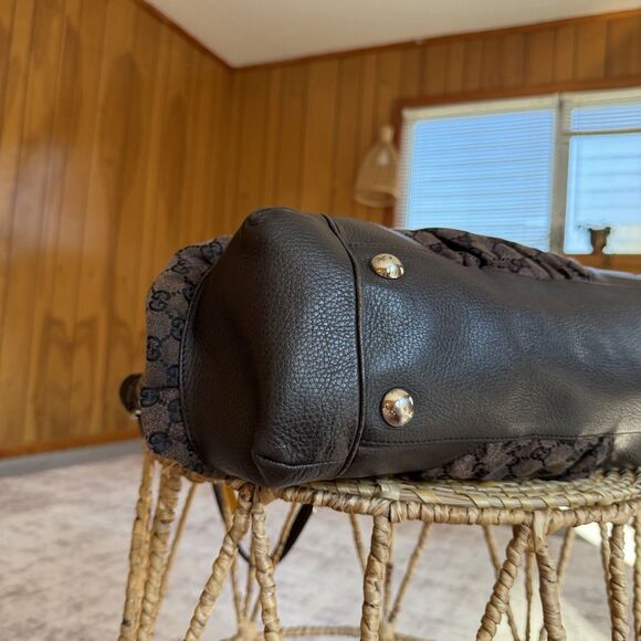 GUCCI GG Nylon Full Moon Tote Bag Brown Leather Canvas Large Monogrammed Print - Picture 6 of 16